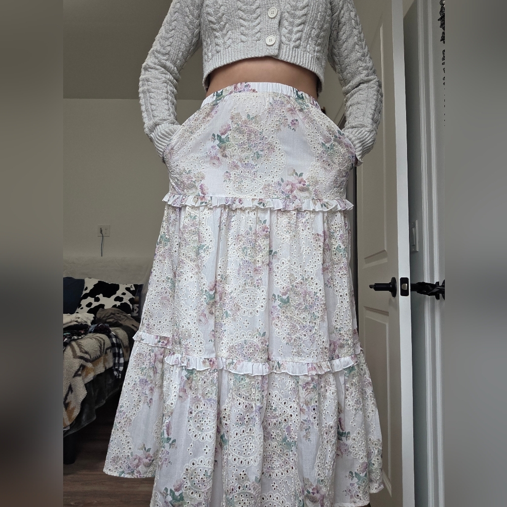 Solitaire Cream and Purple Floral Maxi Skirt